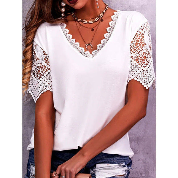 Summer Lace: Loose V Neck Short Sleeve Lace Tops - Women's Casual Shirts