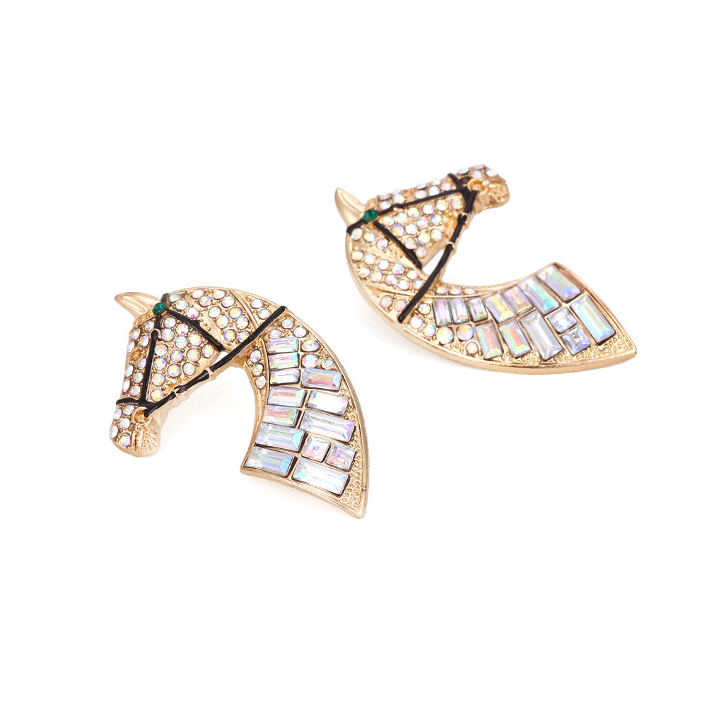 Minimalist Creative Alloy Rhinestone Earrings Retro Fashion Horse Head Color AB Diamond