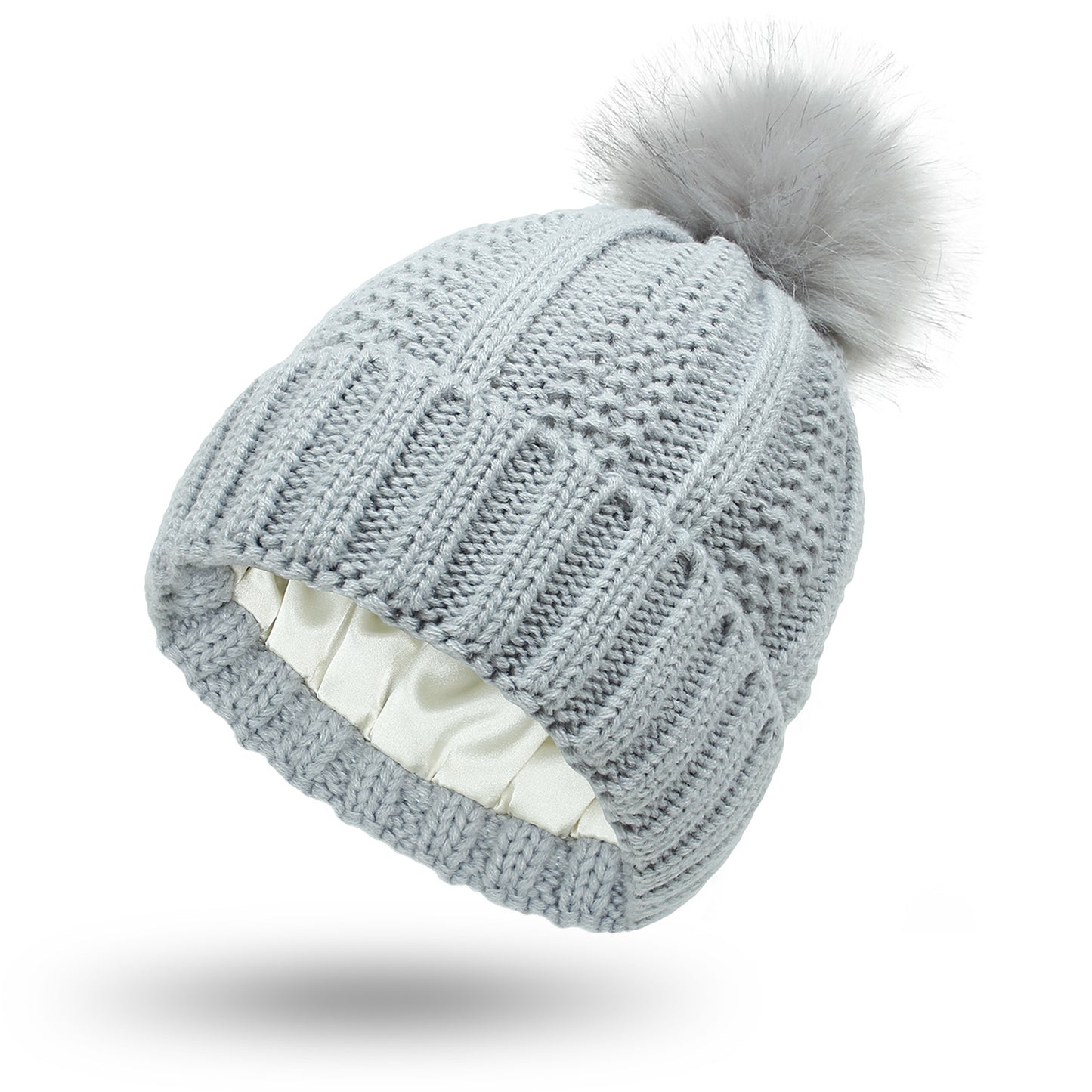 Moda rozciągliwa satynowa podszewka czaszki czapki robione na drutach czapka typu Beanie dla kobiet Faux futro czapka z pomponem czapka z pomponem zimowa utrzymuj ocieplenie czapka typu Beanie