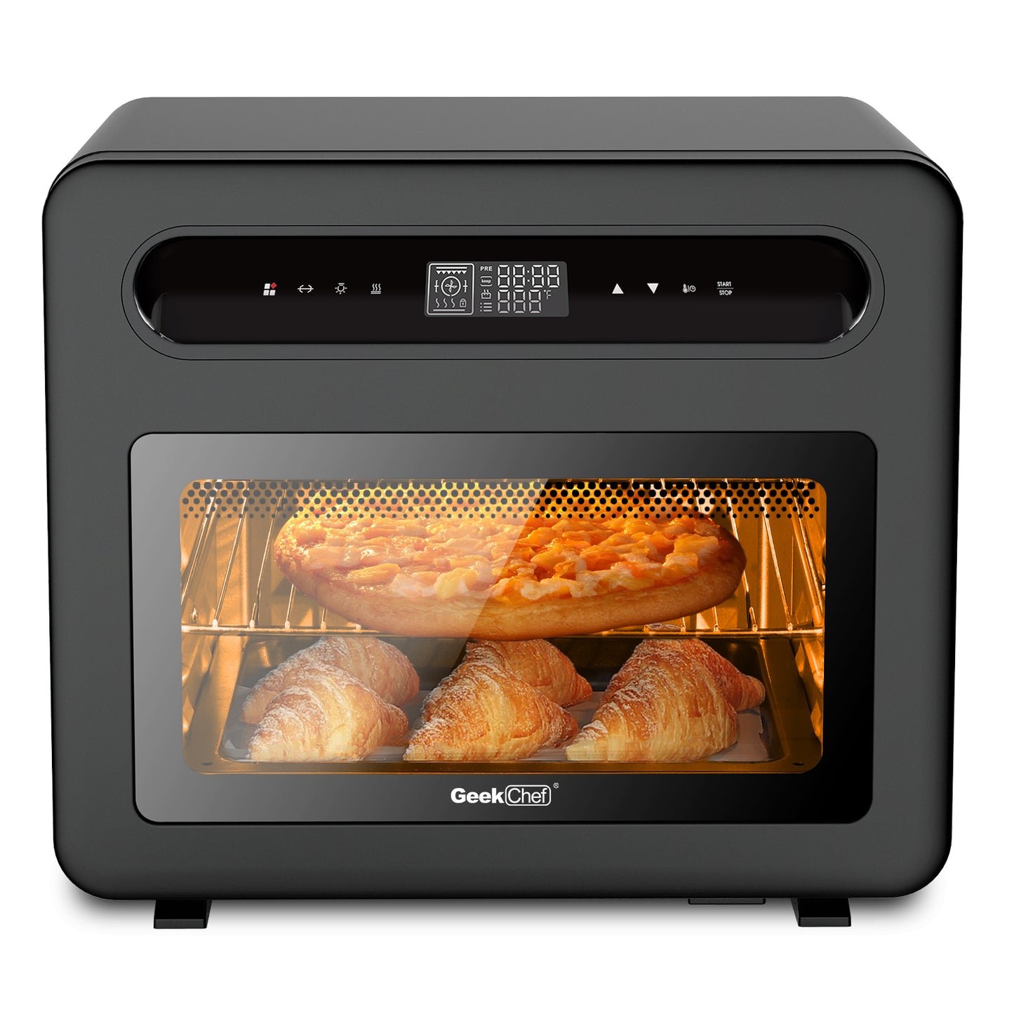 Geek Chef Dampf-Heißluftfritteuse-Toastofen-Kombination, 26 QT Dampf-Konvektionsofen für die Arbeitsplatte, 50 Kochvoreinstellungen, mit 6 Toastscheiben, 12 Pizzascheiben, schwarzer Edelstahl.