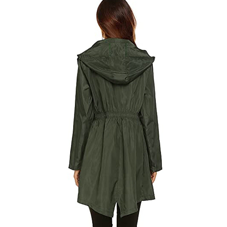 Damen Regenmantel mit Kapuze und Taille, Regenmantel, mittellanger Trenchcoat