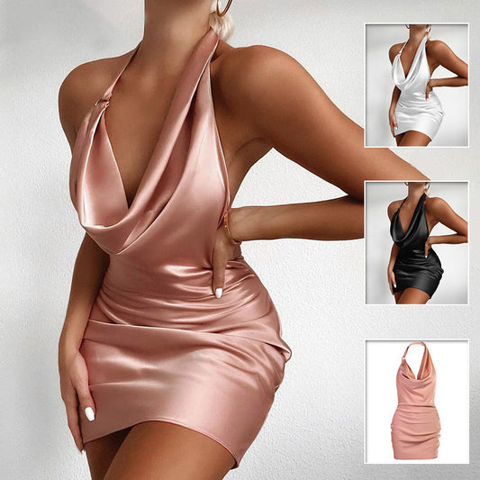 Satin V Neck Backless Sleeveless Summer Party Dress