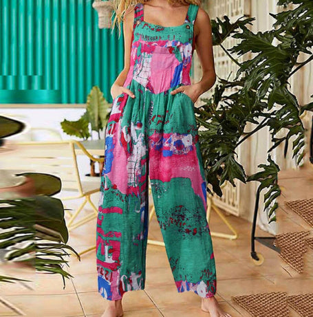 Patchwork Printed Button Suspender Jumpsuit