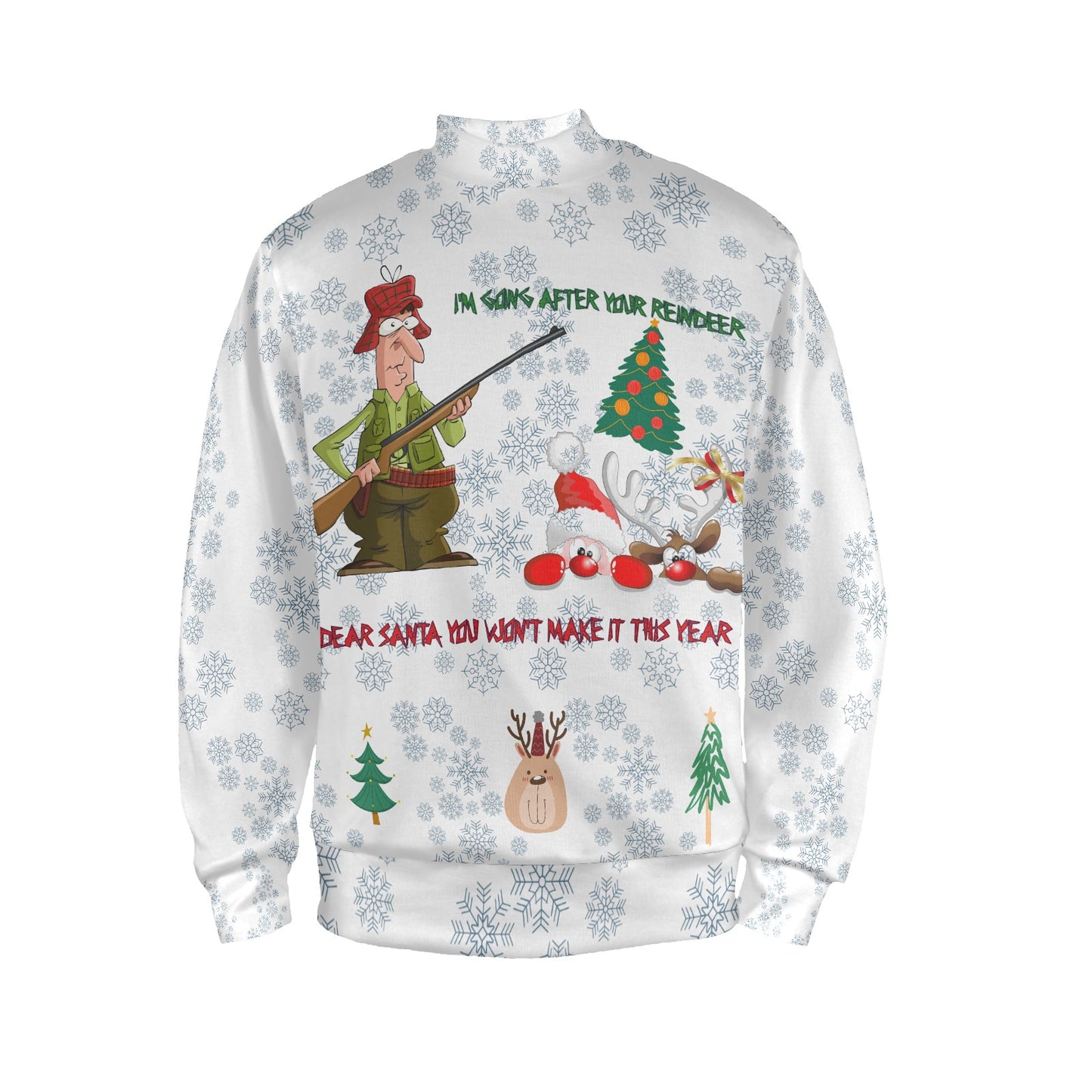 CWS Cozy Sweaters Men's All Over Print Mock Neck Funny Hunter, Ugly Christmas Sweater "I'm after your reindeer" by Cozy Winter Store