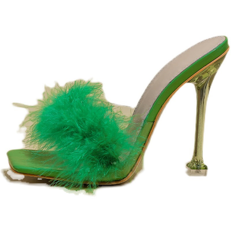 Women's Fashion Shoes Furry Transparent Broadband Crystal Heel Stiletto High Heels