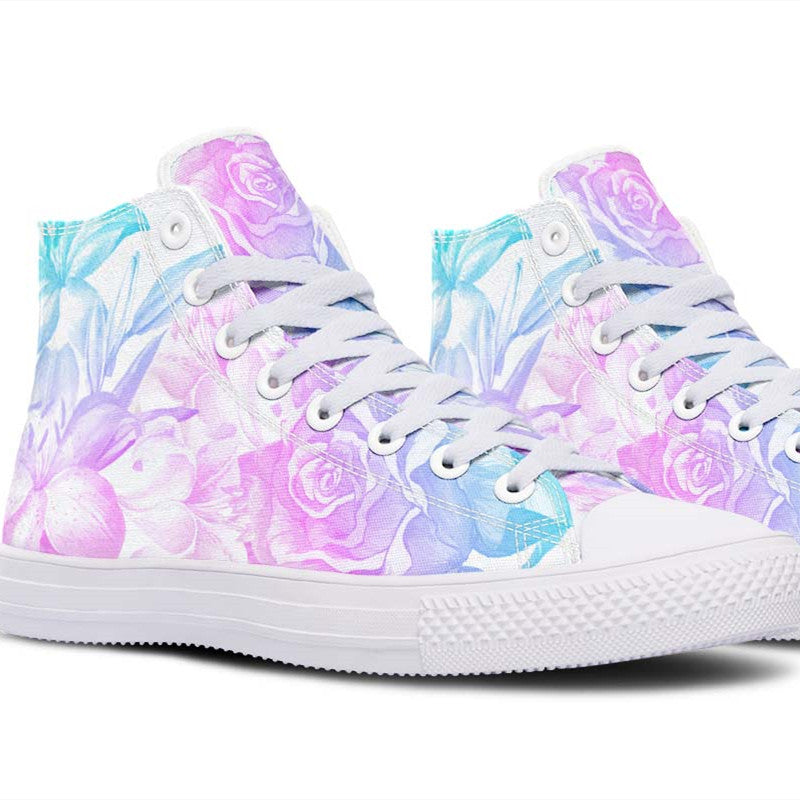 UrbanKicks Blue Flowers Printed Couple High-top Canvas Shoes