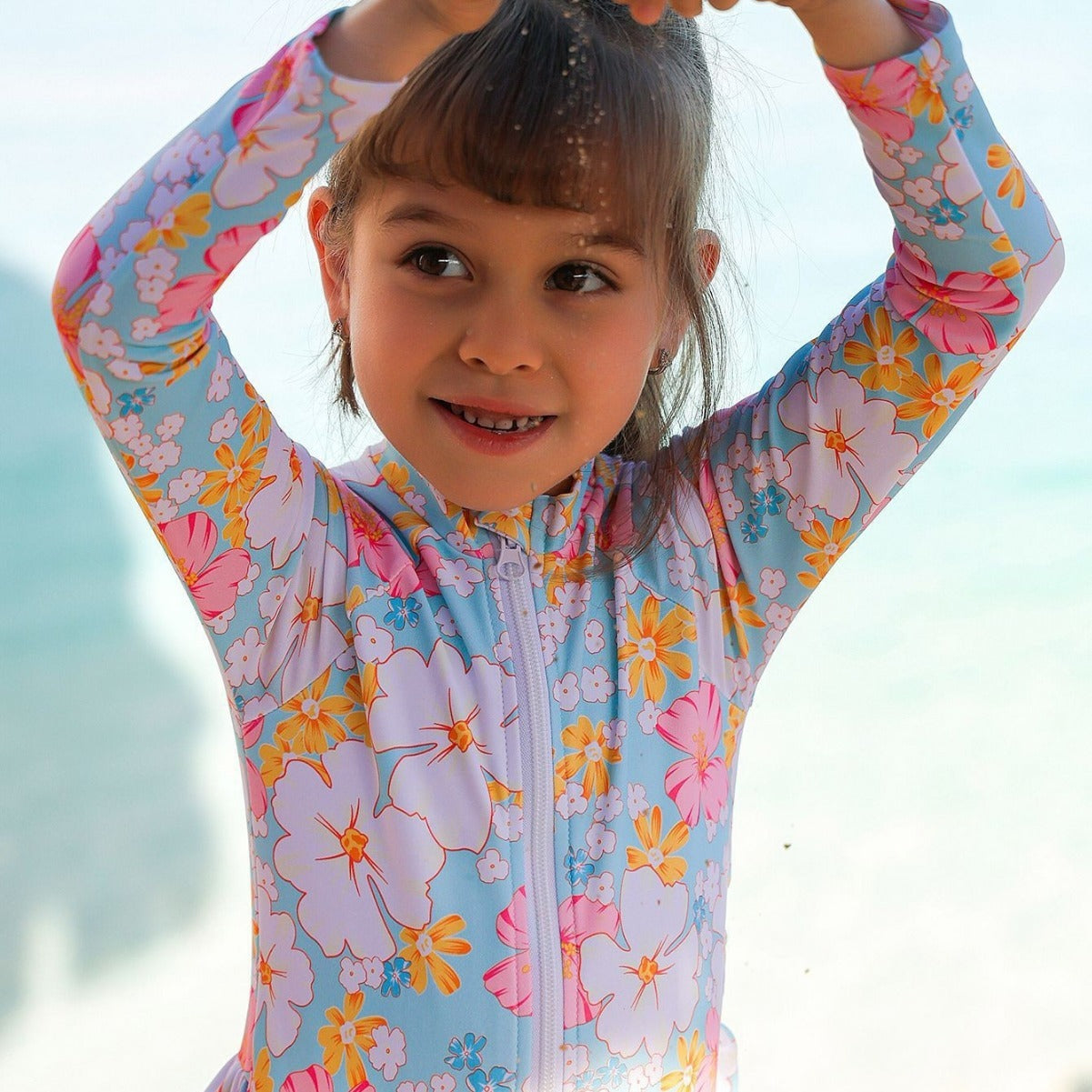 Girls' Summer Children's Breathable One-piece Long Sleeves Printed Cute Swimsuit