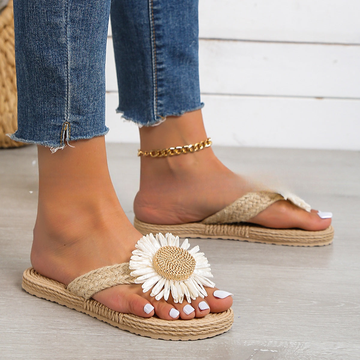 Sommer Neue Mode frauen Leinen Mode Einfache Blume Flache Beiläufige Sandalen