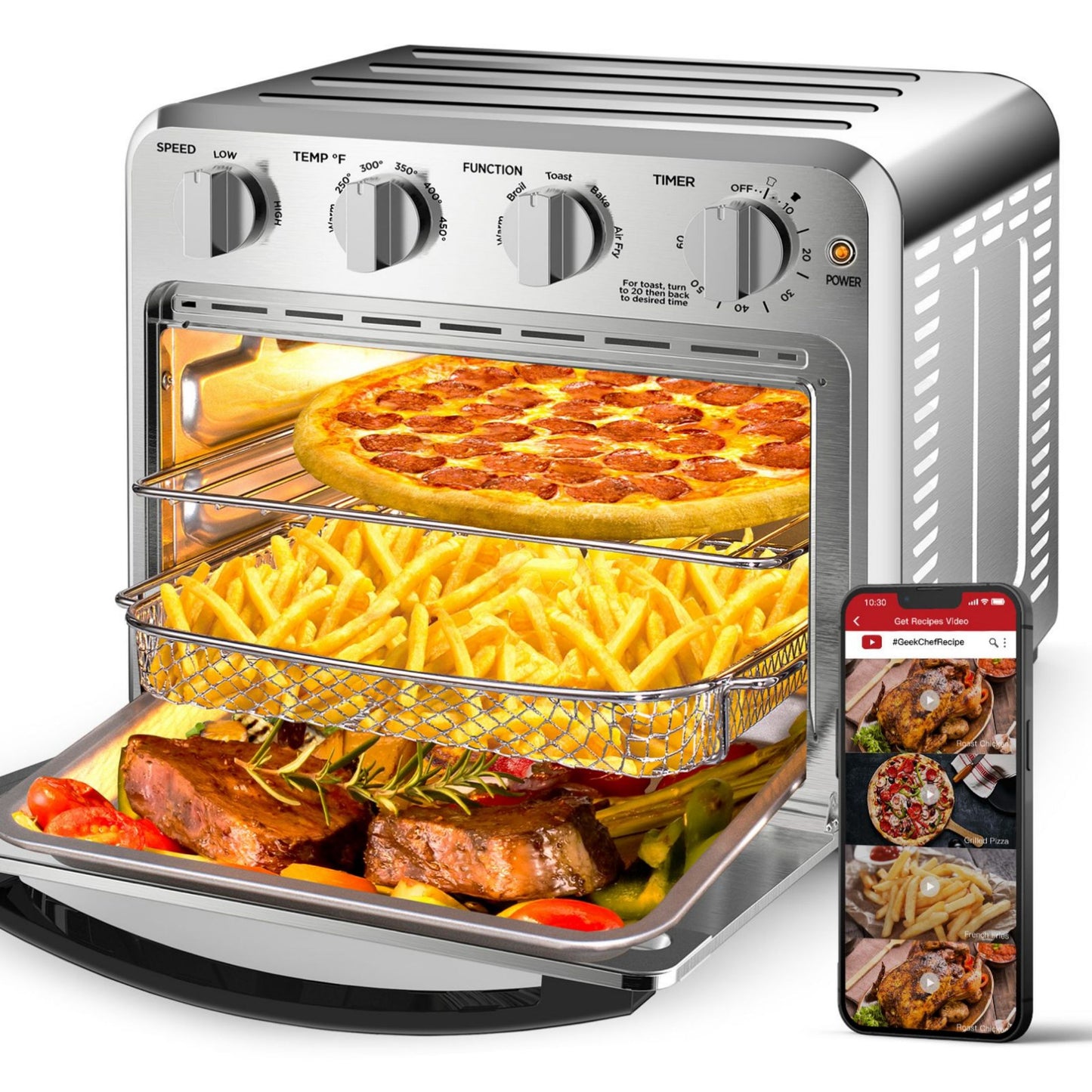 Geek Chef Frytkownica powietrzna Toster Combo 4 kromki Toster Konwekcyjna frytownica powietrzna Piekarnik Ciepły, broil Tosty Piec na powietrzu Frytkownica Bezolejowa Akcesoria w zestawie Stal nierdzewna Srebrny 16QT Zakaz sprzedaży na Amazon