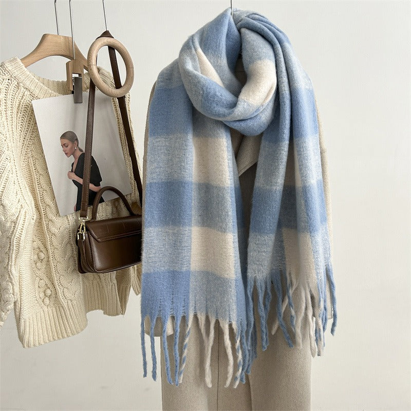 Autumn and winter new style mohair plaid scarf for women Dongdaemun fashion versatile extended tassel shawl scarf