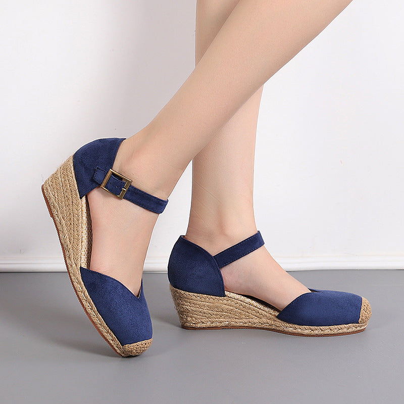 Spring And Autumn Suede Word Buckle High Heel Hollow Shoes