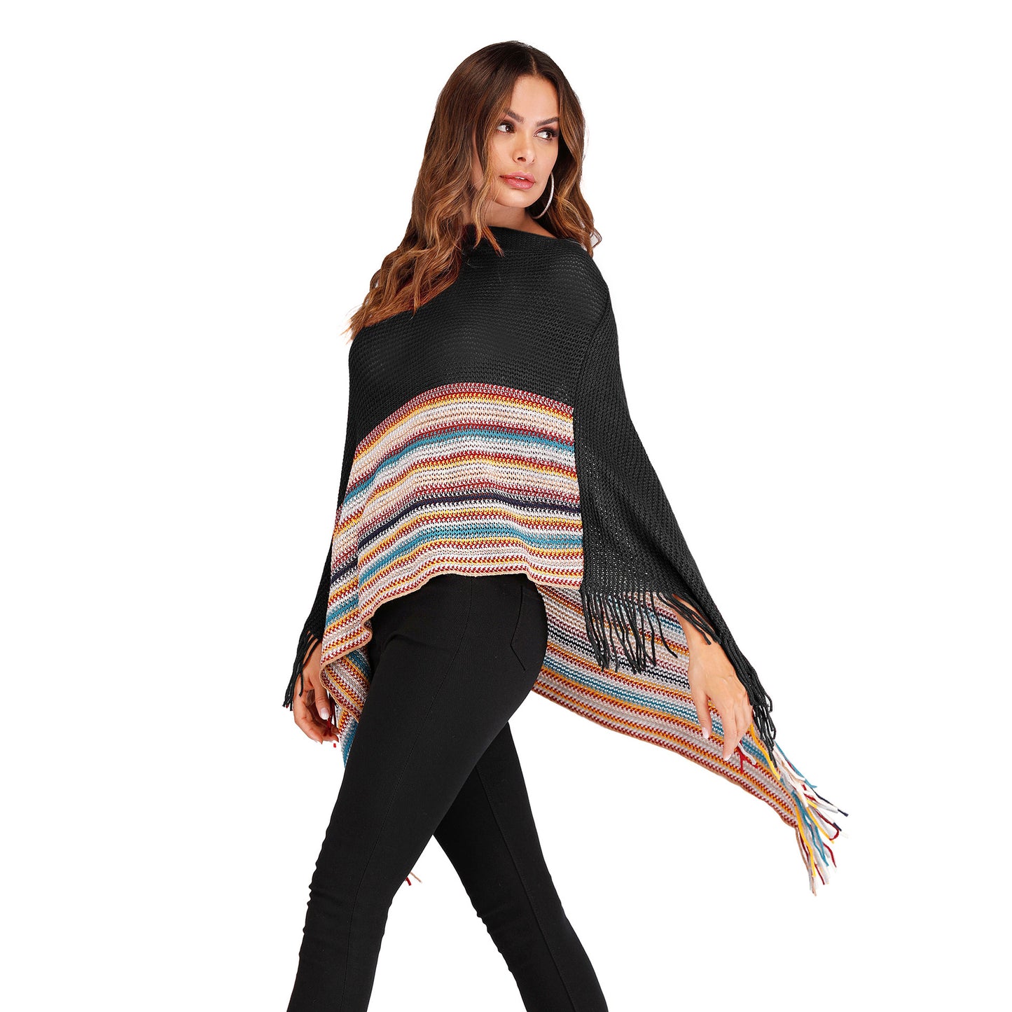 Fringed high neck color block shawl