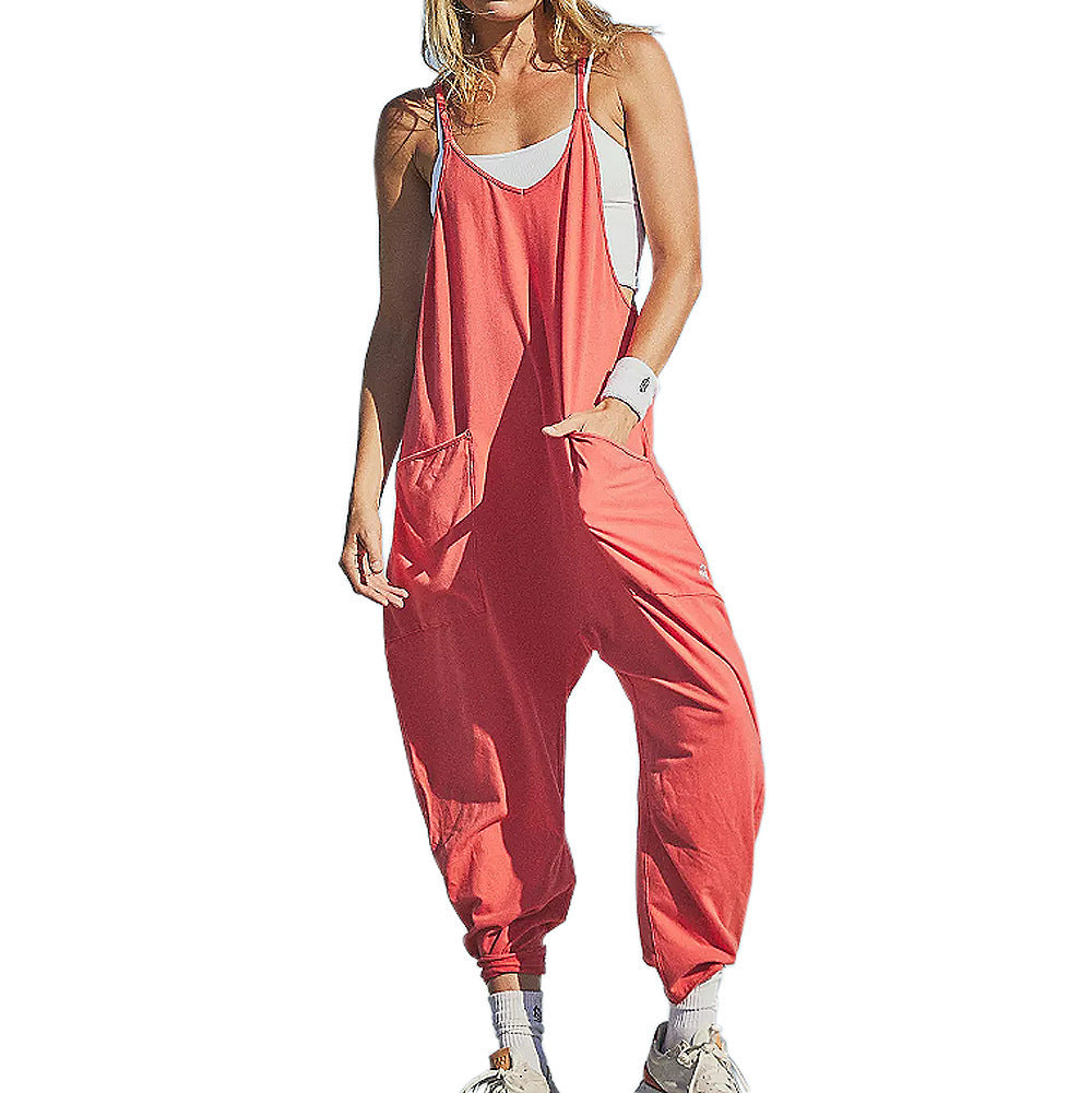 Sommer Damen Loose Sleeveless Jumpsuits Spaghetti Strap Lange Hose Romper Jumpsuit mit Taschen Reißverschluss