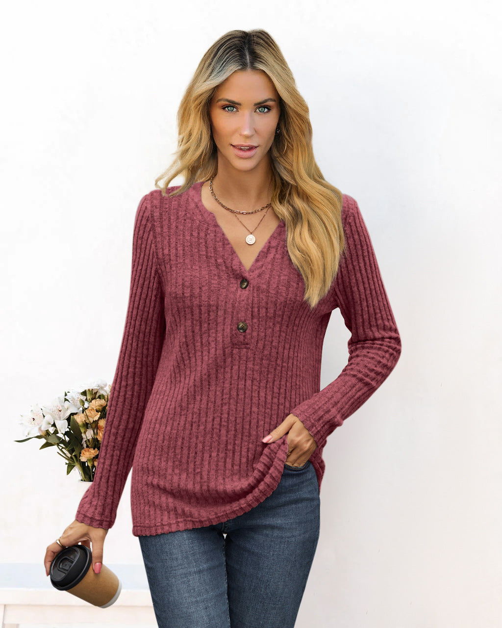 Classic Simplicity: Solid color V-neck long sleeve t-shirt.