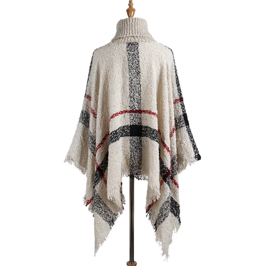 High collar fringed cloak shawl