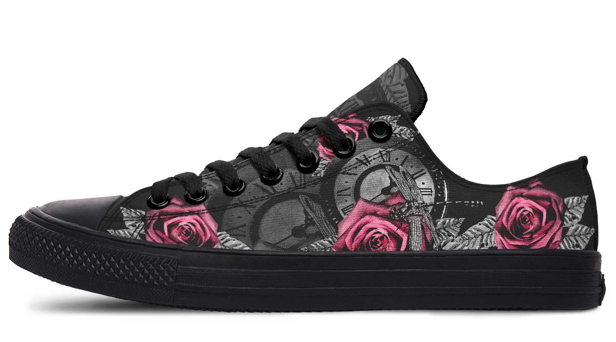 UrbanKicks Black Rose Fashion Print Couple Low-Top Canvas Shoes