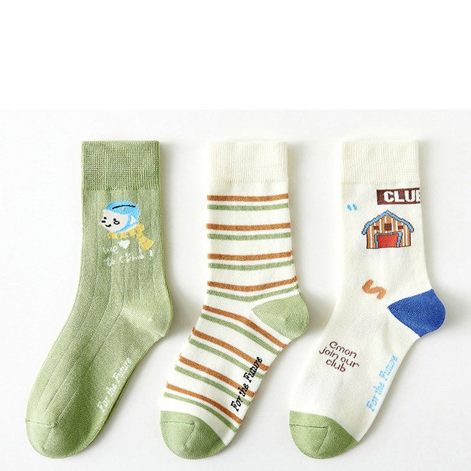 Whimsical Delights: Set aus drei bedruckten Baumwollsocken für Damen – verspielter Komfort für Ihren Alltagsstil