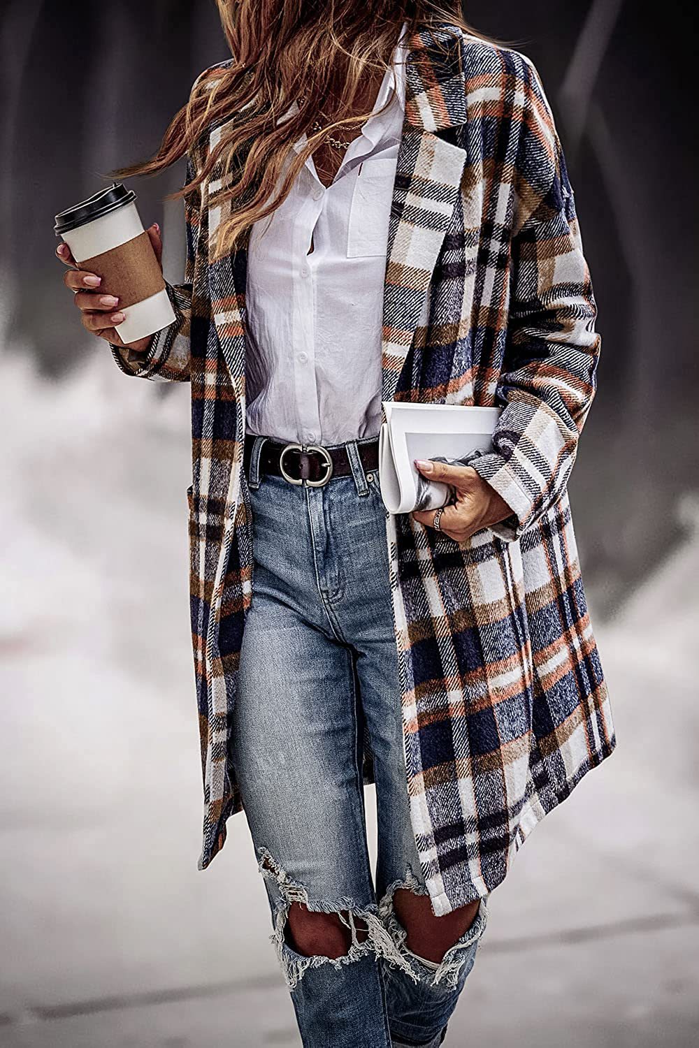 CheckeredElegance: Fashion plaid long jacket with pockets, autumn and winter new style turndown collar woolen coat for outdoor women's clothing.