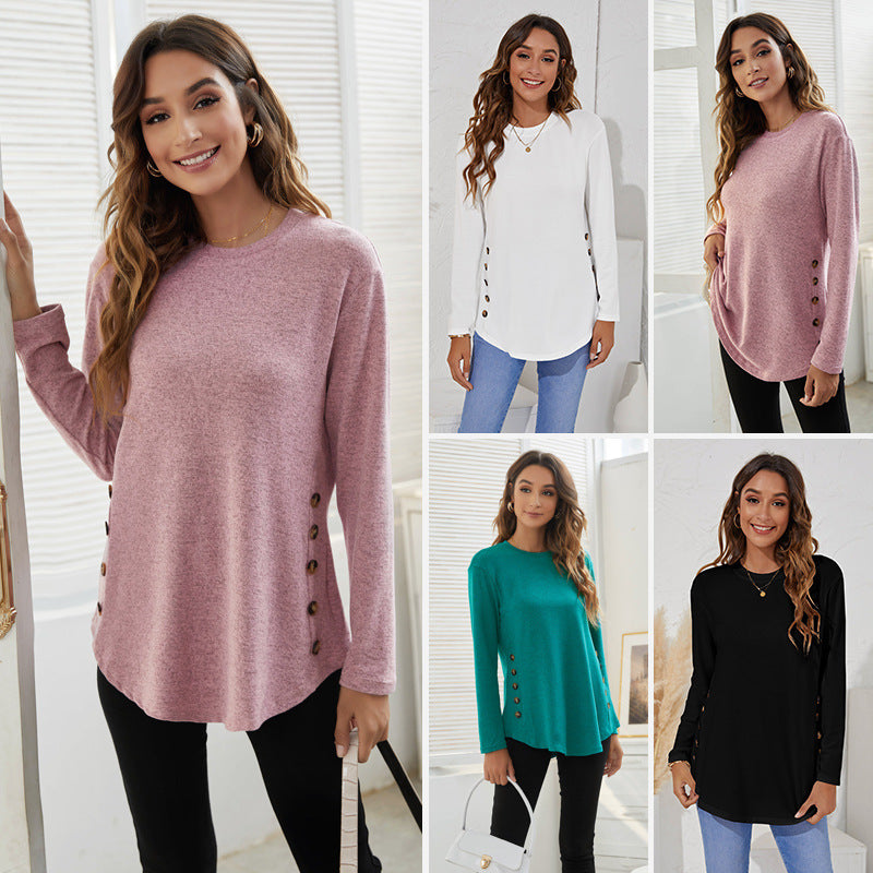 Women's Clothing Crew Neck Casual Simple Buttons Long Sleeve