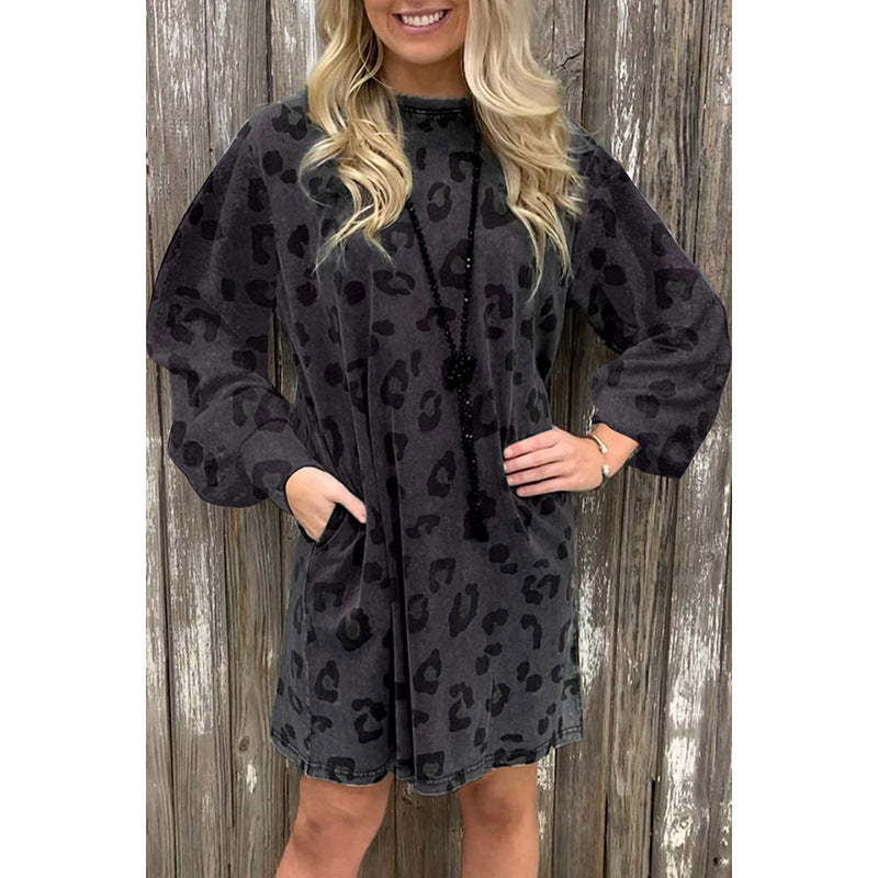 Women's Autumn Leopard Print Pocket Sweatshirt Dress