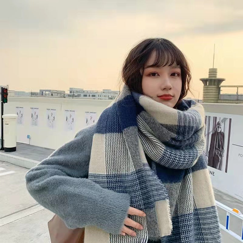 Scarf For Female Students In Winter Versatile Plaid Scarf Thickened For Warmth