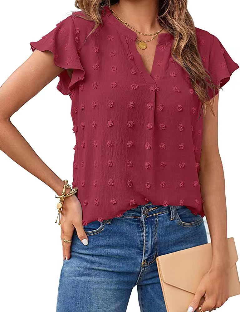 Breezy Charm: Women's Summer V Neck Ruffle Short Sleeve Blouse - Dot Flowy Shirt Top