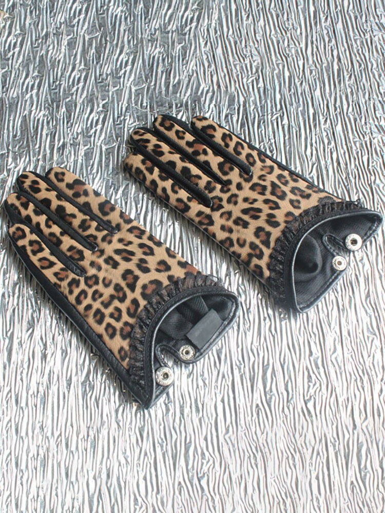 Mode Damen Kurze Lederhandschuhe Spitzenrand Leopard Schaffell Handschuhe Kleidung Zubehör Herbst Neu 