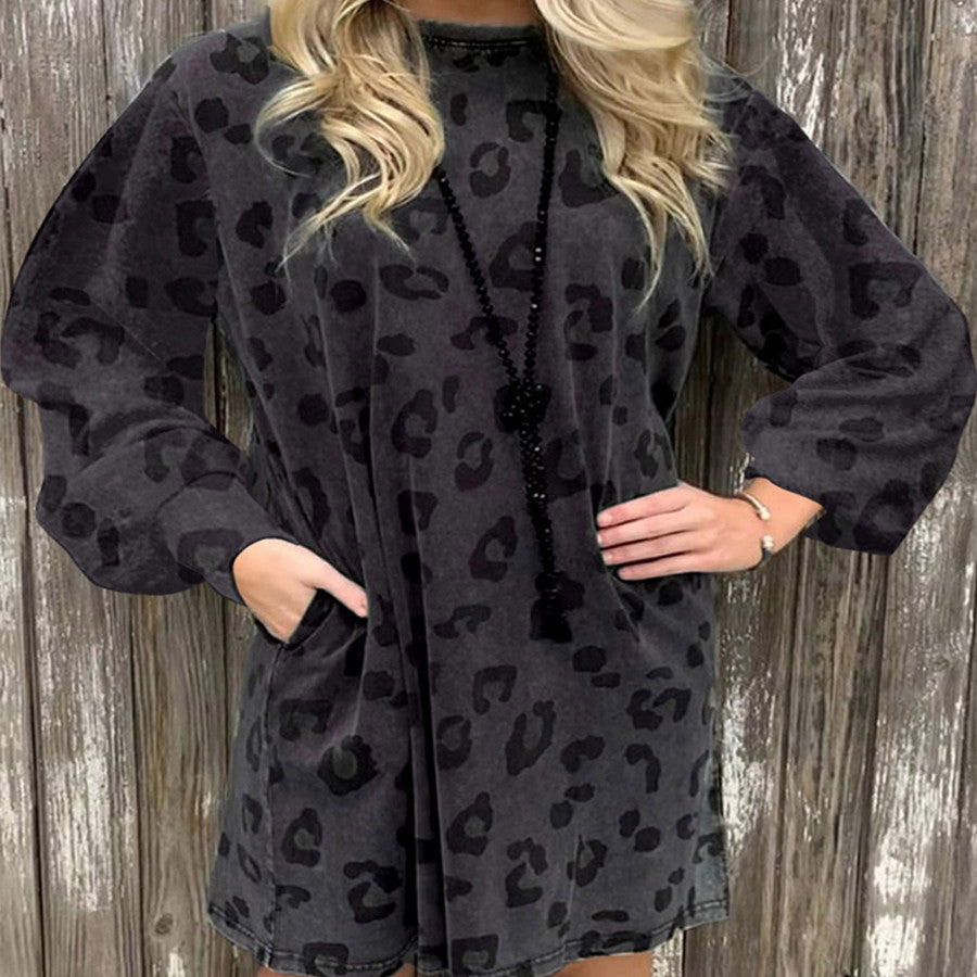 Women's Autumn Leopard Print Pocket Sweatshirt Dress