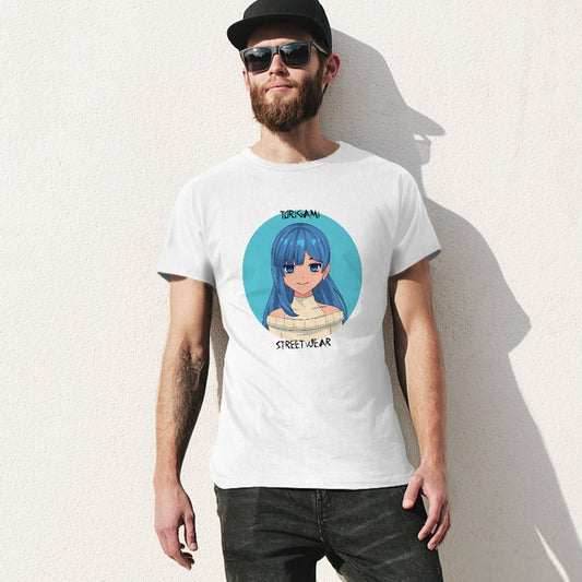 CWS ToriGami Streetwear Japan コージーウィンターストアより Happy Blue Haired Girl Pure cotton Men's T-shirt