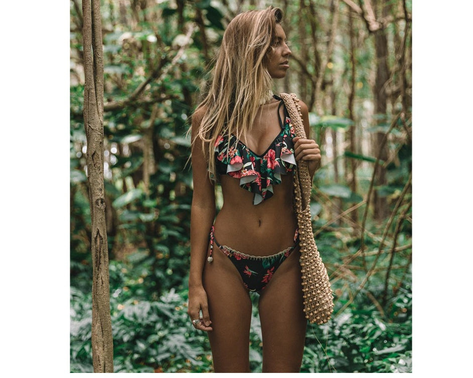 Swimsuit bohemian leaf print split bikini