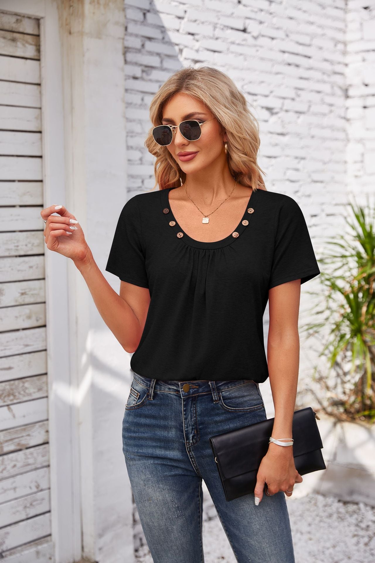 Effortless Lady: Women's Summer Button Square Collar Pleated Design Short-sleeved T-shirt