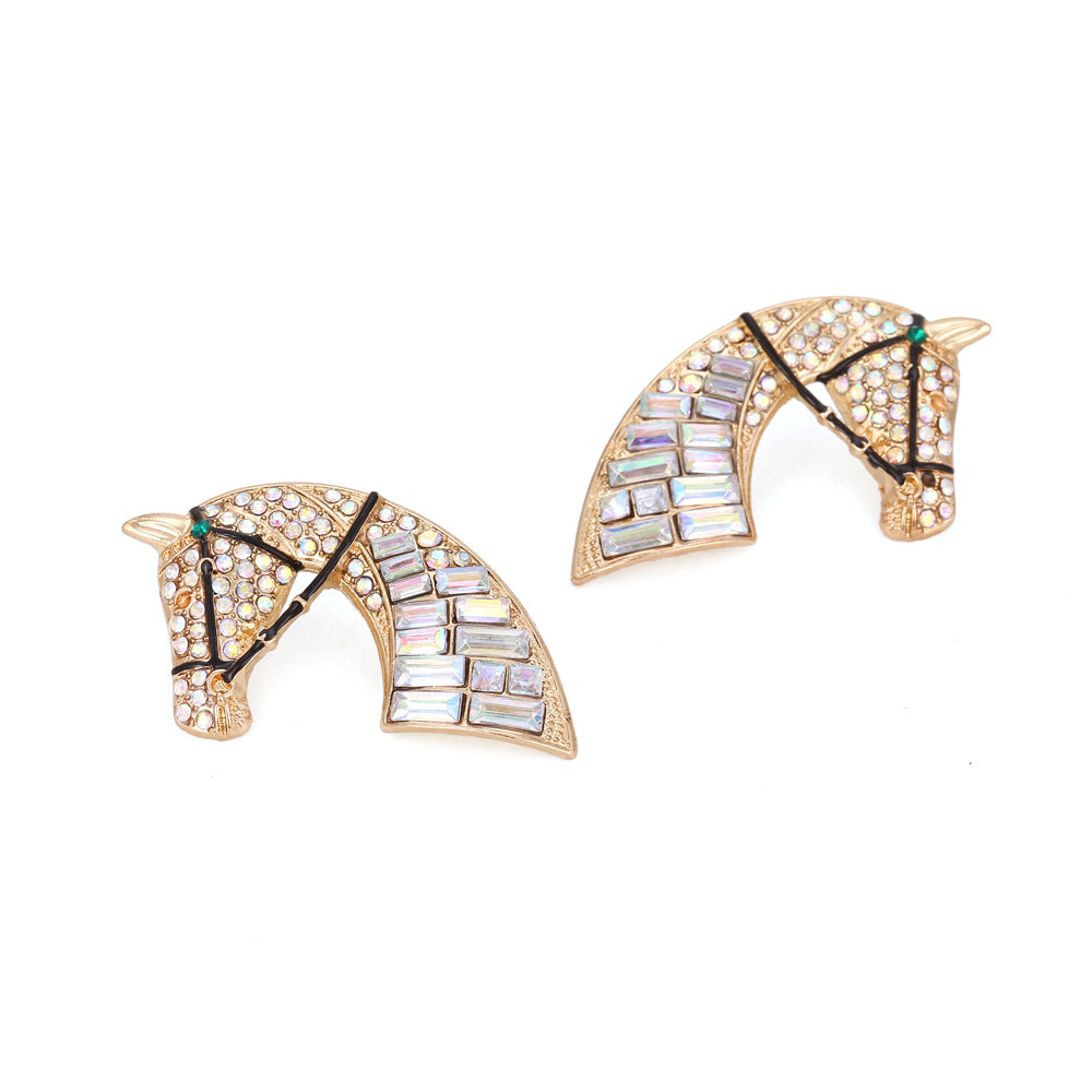 Minimalist Creative Alloy Rhinestone Earrings Retro Fashion Horse Head Color AB Diamond