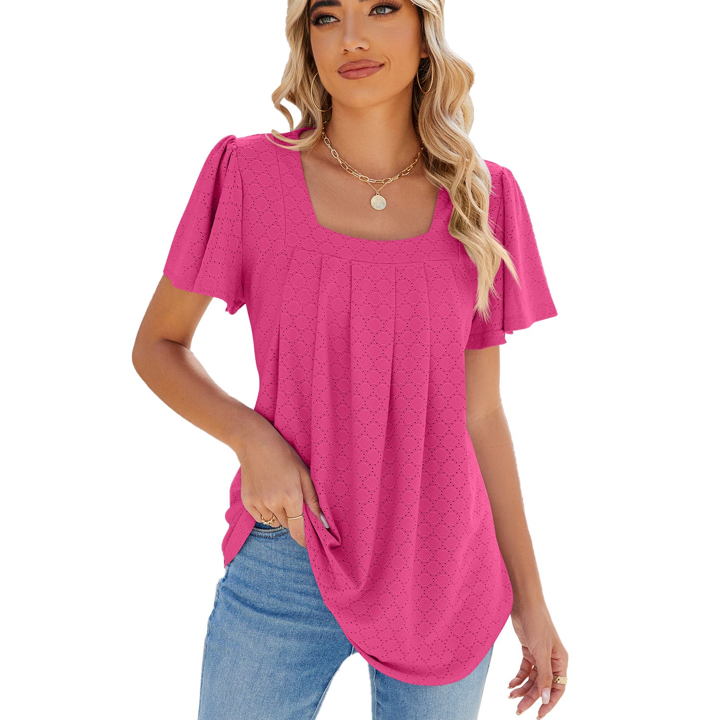 Summer Square Neck Pleated Short-sleeved T-shirt Loose Solid Color Ruffled Hollow Design Top For Womens Clothing