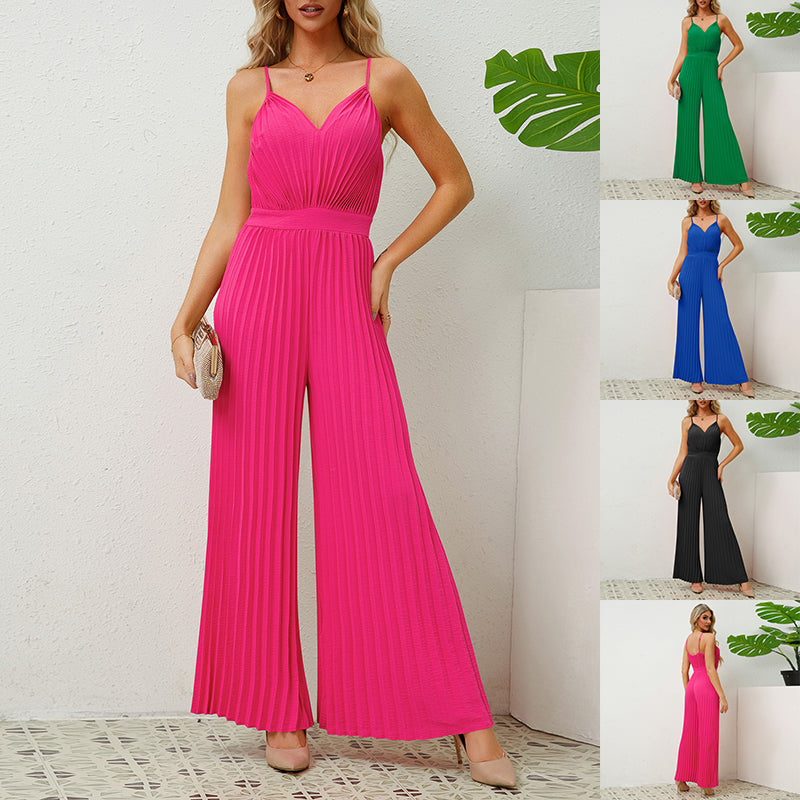 V-Ausschnitt Hosenträger Plissee Jumpsuit Volltonfarbe Lockere Gerade Hose Damenbekleidung