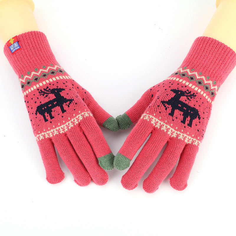 Damen-Strickhandschuhe mit süßem Tiermotiv, Hirsch und Schneeflocke, Vollfinger-Winterhandschuhe, Touchscreen-Handschuhe, schönes Weihnachtsgeschenk