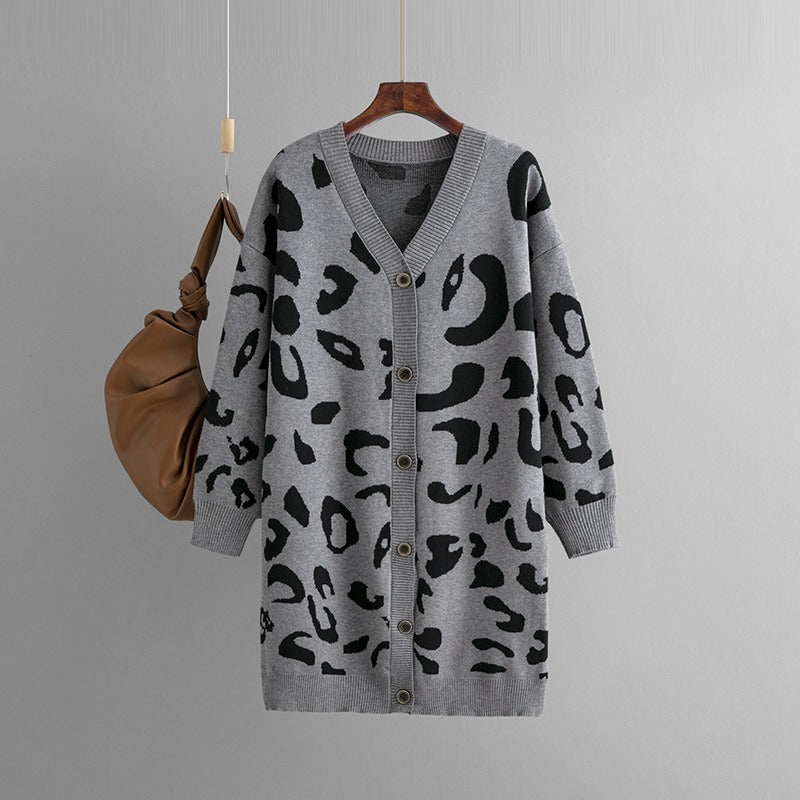 LeopardEase: Autumn leopard knitted women cardigan with long sleeves, V-neck, buttons, and a loose sweater coat for a trendy and comfortable look.