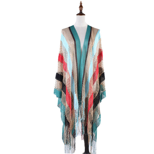 New Korean Style Cutout Long Silk Color Striped Knitted Sunscreen Shawl Thin