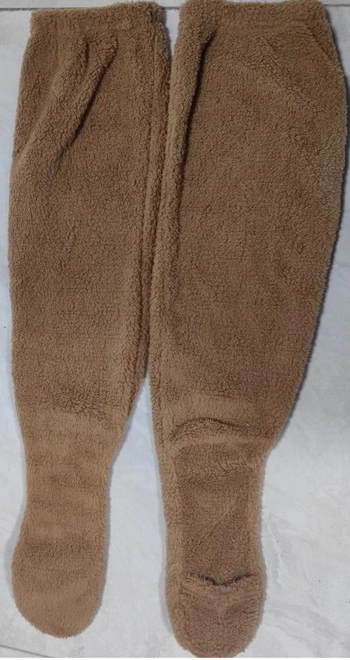 PlushCharm: Indoor plush warmth with long socks, fuzzy over-knee leg warmers, and cozy stocking slippers for winter comfort.