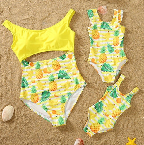 Parent-child Swimsuit Mother-daughter Suit Solid Color V-neck One-piece