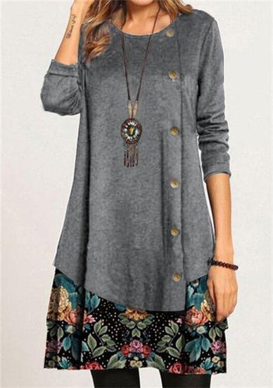 Plus Size Floral Print Long Sleeve Casual Patchwork Women's Dress