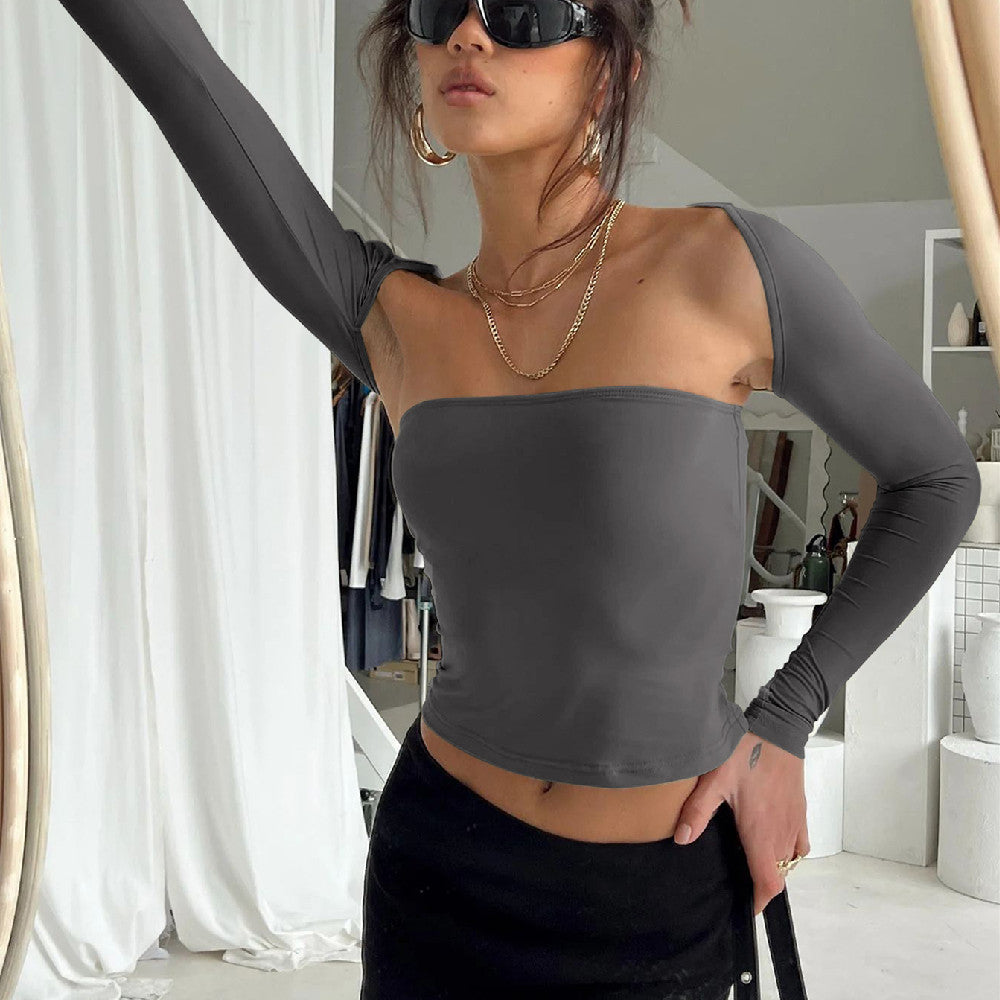 Mystical Mirage: Enigmatic Tube Top Cinched Waist T-shirt - Long Sleeve Tight Two-piece Blouse for Women