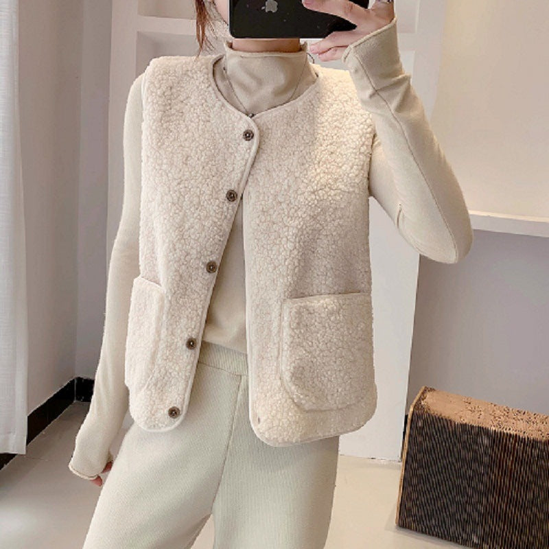 Women's Outer Wear Short Loose Lamb Wool Vest