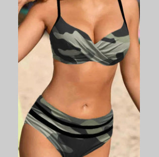 Sexy Bikini Solid Color Split Female Lace-up High Waist Swimsuit