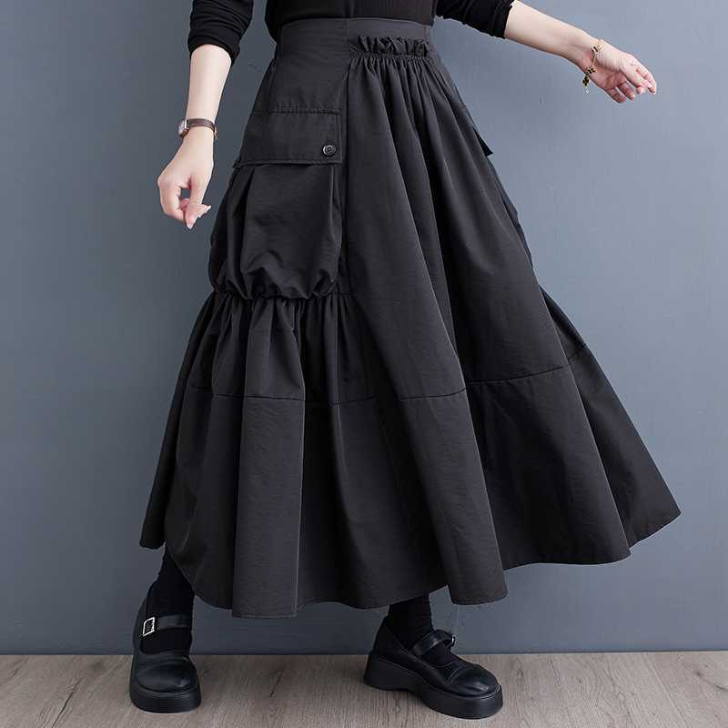 Loose Slimming Workwear Large Pocket Large Hem High Waist Pleated Skirt