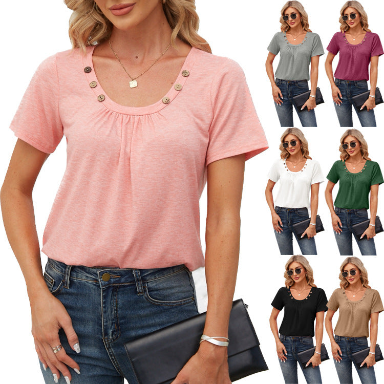 Effortless Lady: Women's Summer Button Square Collar Pleated Design Short-sleeved T-shirt