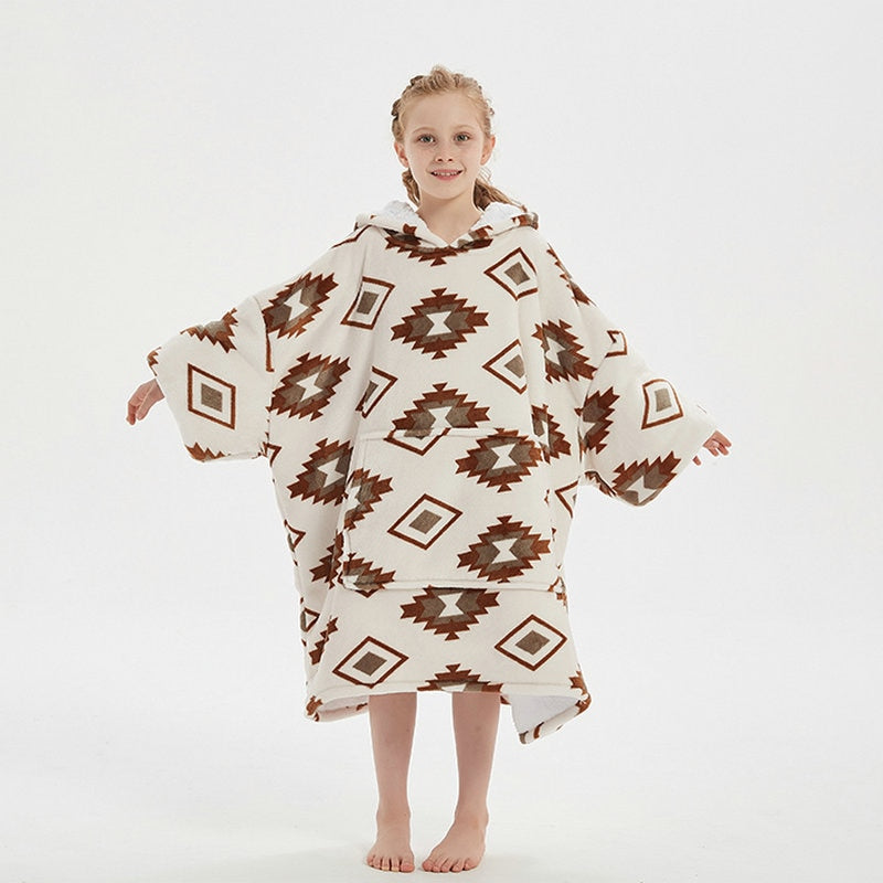 SnugletKids: Unisex winter warm double-layered Sherpa fleece hoodie blanket with TV pocket, perfect for snuggling with sleeves.