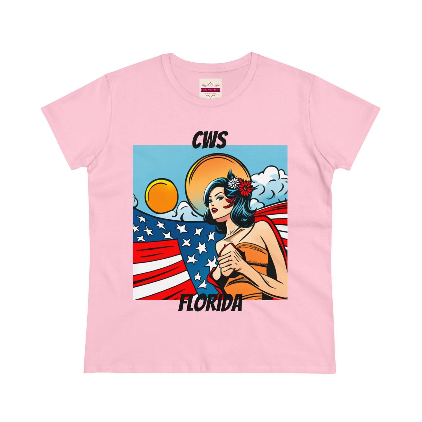 CWS Damen-T-Shirt aus mittelschwerer Baumwolle mit USA-Flagge von Cozy Winter Store (Versand nur innerhalb der USA)