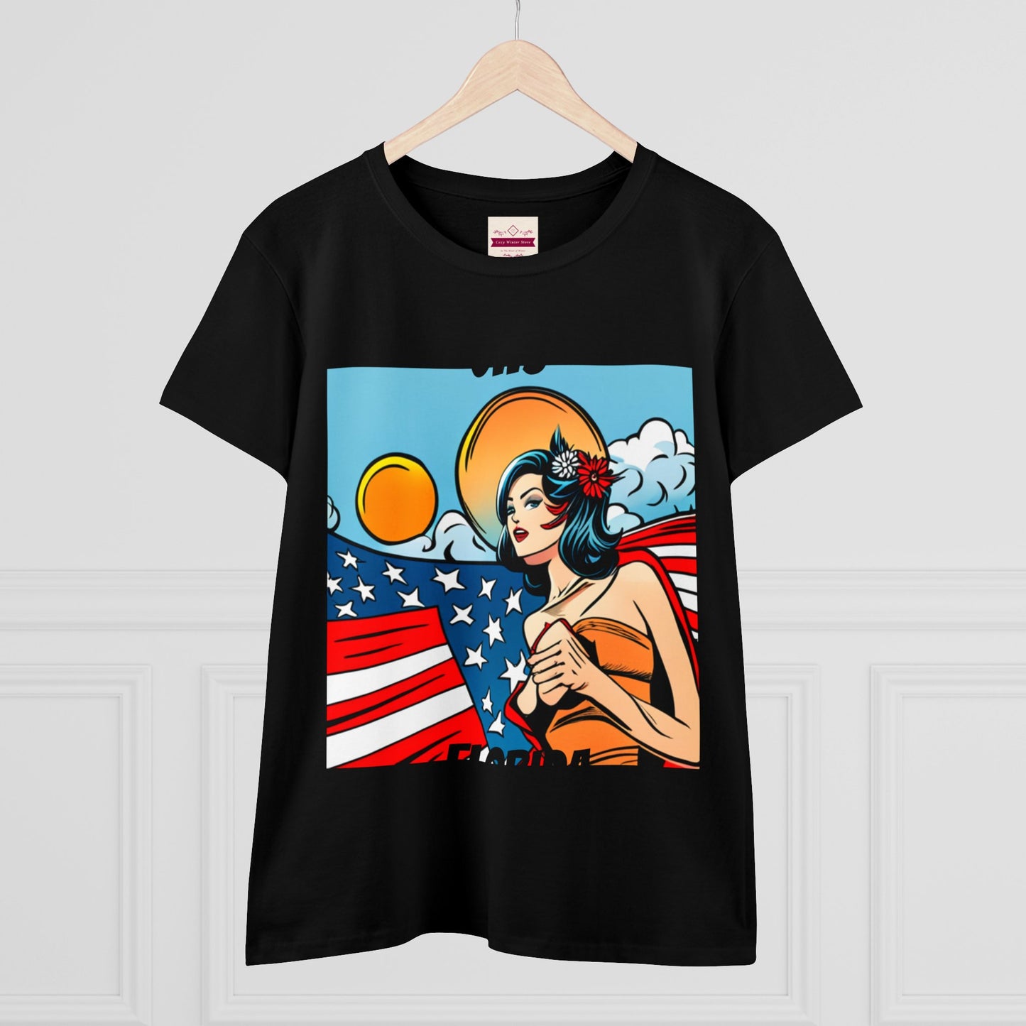 CWS Damen-T-Shirt aus mittelschwerer Baumwolle mit USA-Flagge von Cozy Winter Store (Versand nur innerhalb der USA)