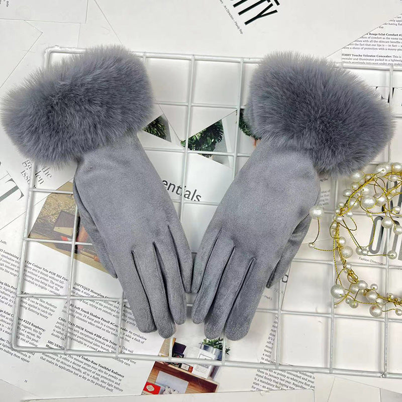 Warm Women's Fur Mouth Winter Riding Fleece-lined Finger Gloves Battery Car Thickened