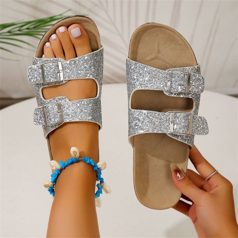 Doppelschnalle Sandalen für Frauen neue Mode Pailletten Strandschuhe Sommer Freizeit Outdoor Hausschuhe Slides